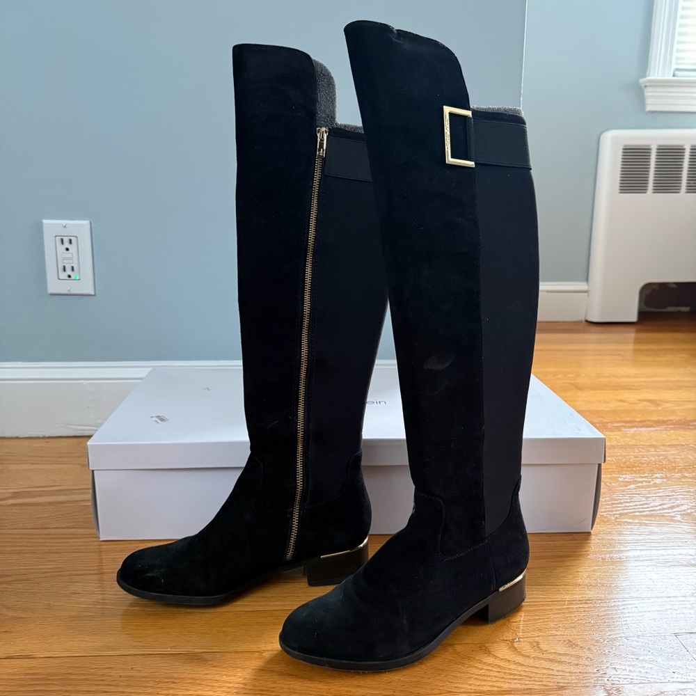 Calvin Klein Black Over the Knee Boots with Gold Accents